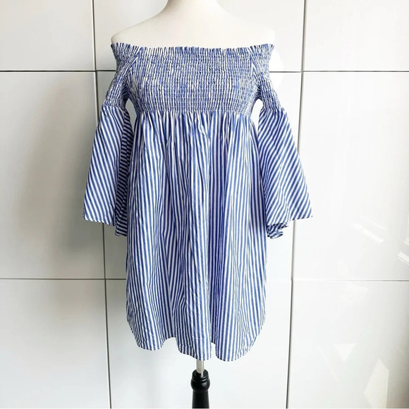 Zara Smocked Dress Tunic Top Bell Sleeves Size Large Blue and White Stripe - Picture 1 of 11